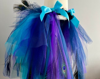 Girls Child Burlesque French Navy Blue Purple Peacock  Feathers Tutu Bustle Belt