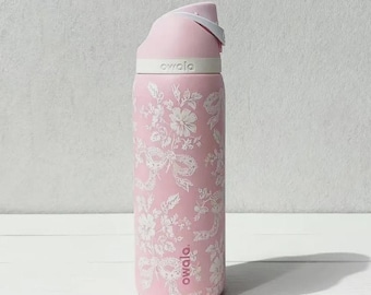 Owala FreeSip Stainless Steel Water Bottle - Girl Pink Ribbon Toile UO, 2026 Summer Washable Reusable Hydrate Gift