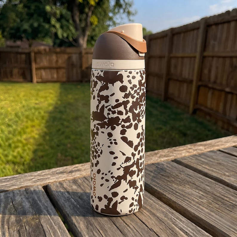 May include: A white and brown patterned water bottle with a brown lid and handle. The bottle has the word "owala" printed on it. The bottle is sitting on a wooden surface.
