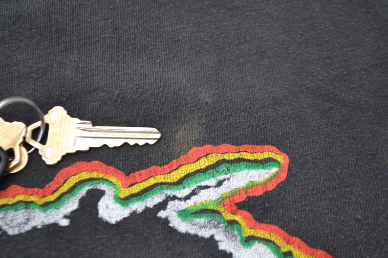 K&ouml;nnte beinhalten: Schwarzes T-Shirt mit einem bunten Grafikdruck eines Gebirges. Die Grafik ist in Rot-, Gelb-, Gr&uuml;n- und Wei&szlig;t&ouml;nen gehalten.