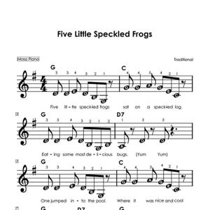 May include: A black and white sheet music page titled Five Little Speckled Frogs. It features musical notation on staves with G major key signature, lyrics, and finger numbering for piano. The text includes the song title and lyrics.