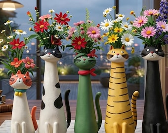 Handmade Quirky Cat Vase, Long Neck Kitty Planter, Whimsical Resin Home Decor