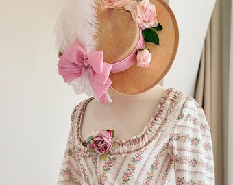 Marie Antoinette Inspired Straw Hat, Romantic Floral Boater Hat with Feather, Rococo Tea Party Hat, Pink or Green