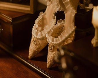 Pearl Lace Rococo Wedding Shoes | Ivory Silk Satin Court Heels | 18th Century Inspired Bridal Shoes | Marie Antoinette Style Shoes