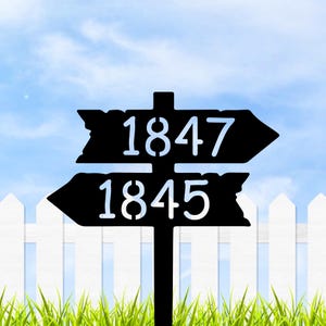 Może przedstawiać: Czarny metalowy znak adresowy z dwiema strzałkami kierunkowymi. Górna strzałka wskazuje w prawo i wyświetla numer 1847. Dolna strzałka wskazuje w lewo i wyświetla numer 1845. Znak jest ustawiony na tle białego płotu i błękitnego nieba.