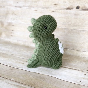 May include: A green crocheted dinosaur toy with white accents. The dinosaur has a long tail and a small head with black eyes.