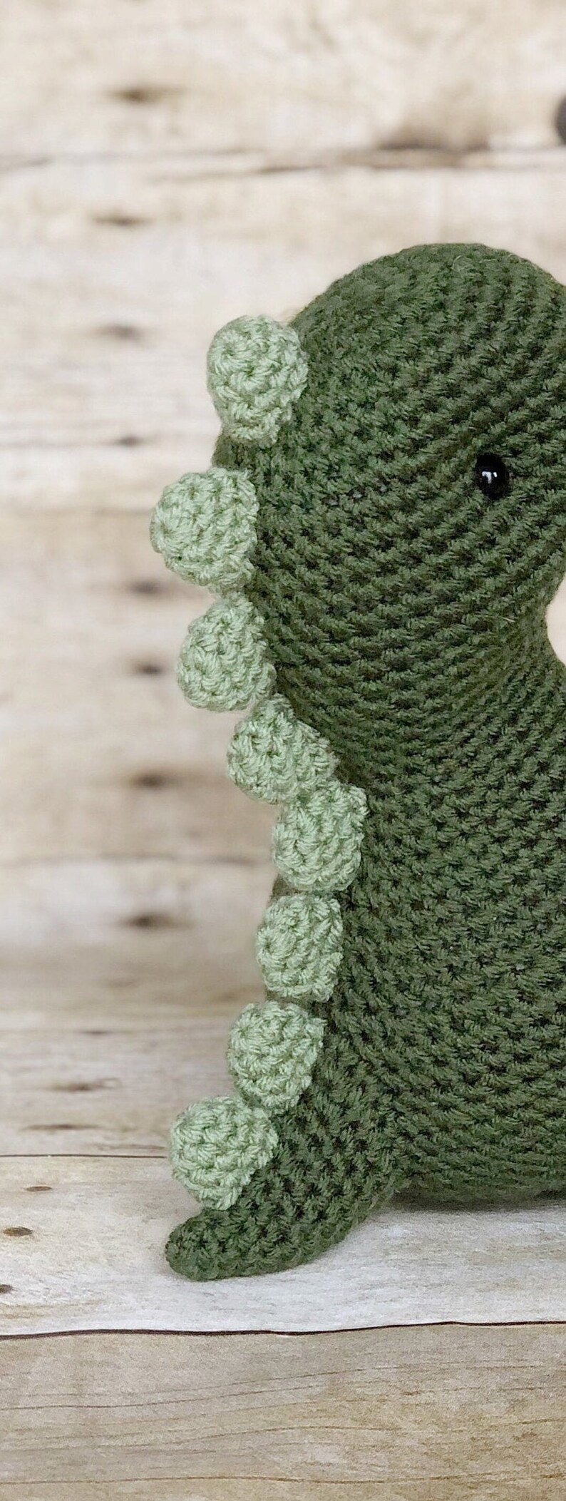 May include: Green crocheted dinosaur toy with a light green spiky back and a black eye.