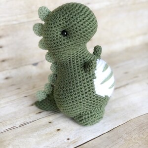 May include: A green crocheted dinosaur toy with white stripes on its belly. The dinosaur has a small black eye and a spiky tail.