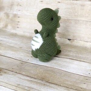 May include: A green crocheted dinosaur toy with white stripes on its belly. The dinosaur is standing on a wooden surface.