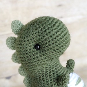 May include: A green crocheted dinosaur toy with a black eye. The dinosaur has a white and green striped tail.