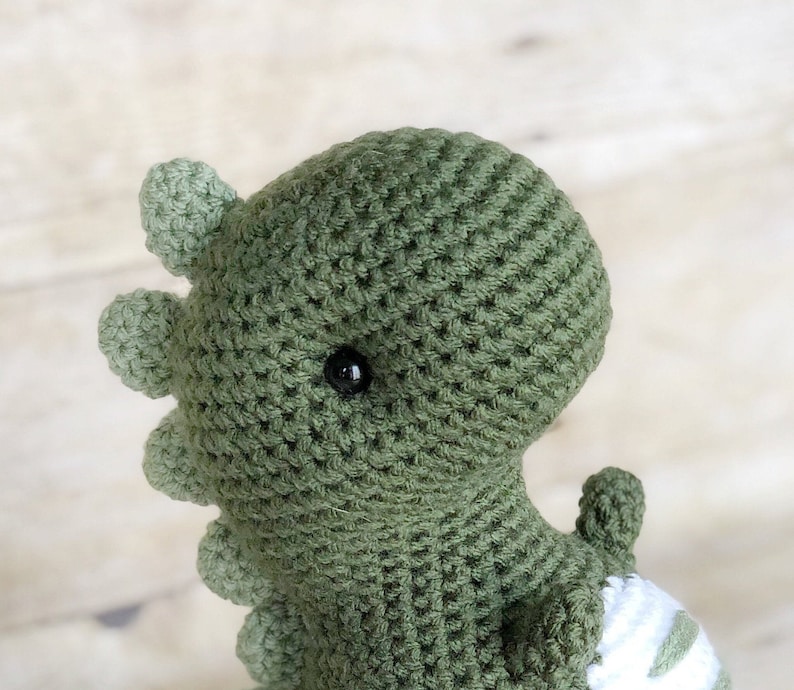 May include: A green crocheted dinosaur toy with a black eye. The dinosaur has a white and green striped tail.