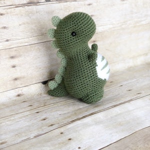 May include: A green crocheted dinosaur toy with white stripes on its belly. The dinosaur has black eyes and a small, pointed snout.