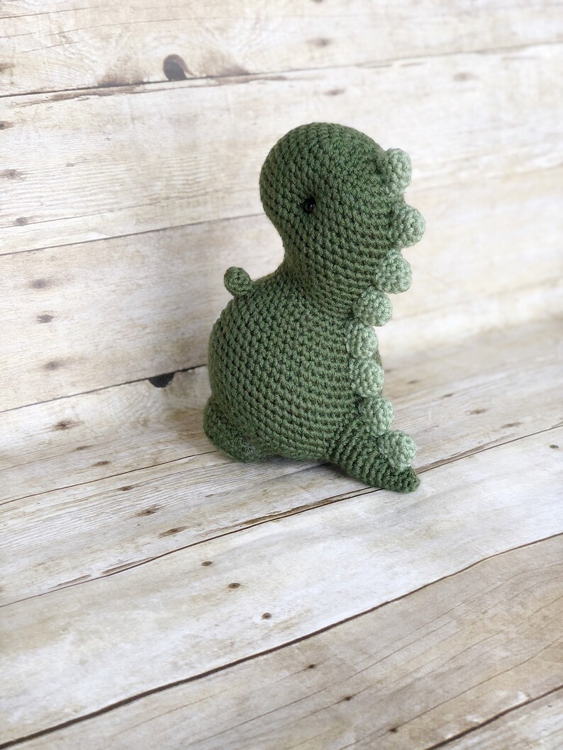 May include: A green crocheted dinosaur toy with a textured surface and a small black eye. The dinosaur has a long tail with a row of green bumps.