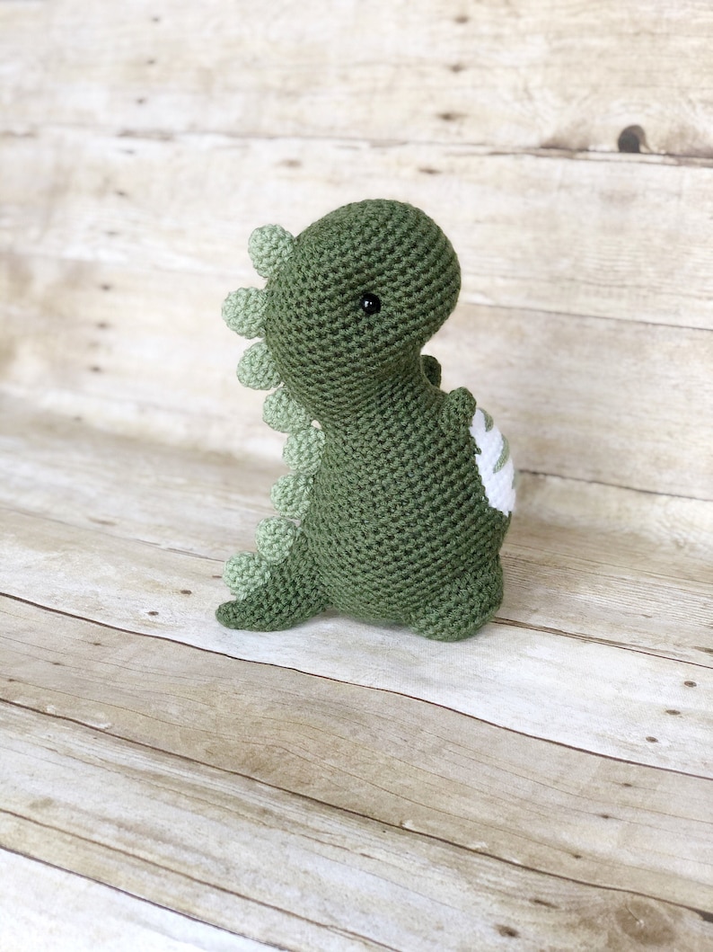 May include: A green crocheted dinosaur toy with white accents. The dinosaur has a long tail and a small head with black eyes.