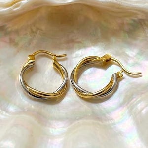Könnte beinhalten: Ein Paar kleiner Creolen mit gedrehtem Design, bestehend aus abwechselnden Bändern aus poliertem gold- und silberfarbenem Metall. Jeder Ohrring verfügt über einen Klappverschluss und liegt in einer großen, irisierenden, cremeweißen Muschel.
