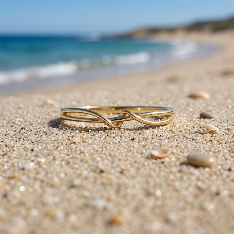 PERIMADE Gold Ocean Wave Beach Ring • Dainty Sea Wave Stacking Band ...