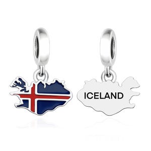 Island Karte Anhänger 925 Sterling Silber, Island Flagge Kettenanhänger, nordischer Charm für Pandora Armbänder, Fernweh Geschenk für Reisende