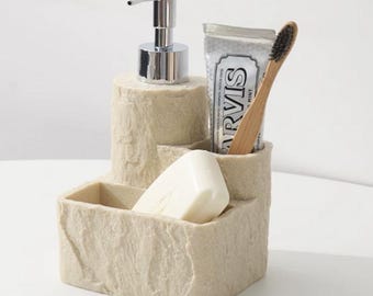3-teiliges Badezimmer Organizer Set Stein-Seifenspender Zahnputzständer Seifenschale Einweihungsgeschenk
