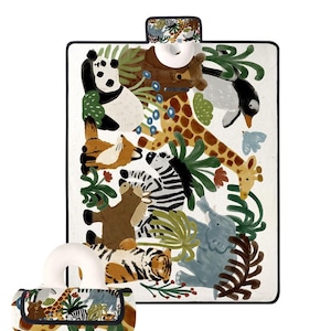 May include: A white and black clipboard with a colorful animal print featuring a panda, giraffe, zebra, tiger, and elephant. A matching travel pillow and case are also included, with a similar animal and plant design.