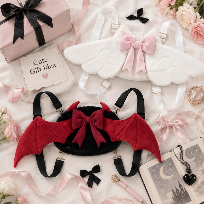 May include: Two novelty backpacks: one white with angel wings and a pink bow, the other black with red devil wings and a red bow. A gift box, a card that says "Cute Gift Idea", and other accessories are also in the image.