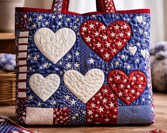 Patchwork Quilted Tote Bag, Patriotic Floral American Daisy Shoulder Bag