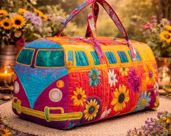 Bolsa de viaje acolchada con estampado floral arcoíris, estilo vintage, ideal para escapadas de fin de semana o viajes cortos.