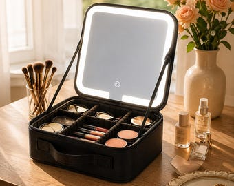 Lighted Makeup Bag with Mirror, Travel Organizer, 3 Color Lights, Adjustable Dividers