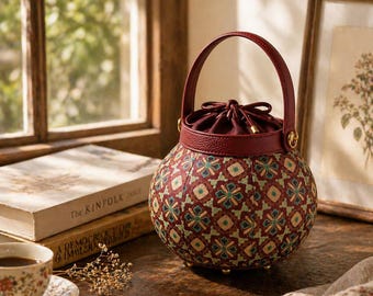 Unique Shape Floral Bucket Bag, Round Drawstring Handbag, Retro Fabric Purse