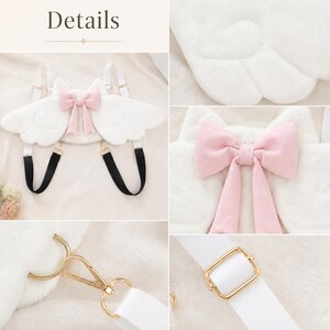 May include: White backpack with angel wing design, a pink bow, and black and white straps. The backpack has gold-colored metal hardware and the word "Details" at the top.