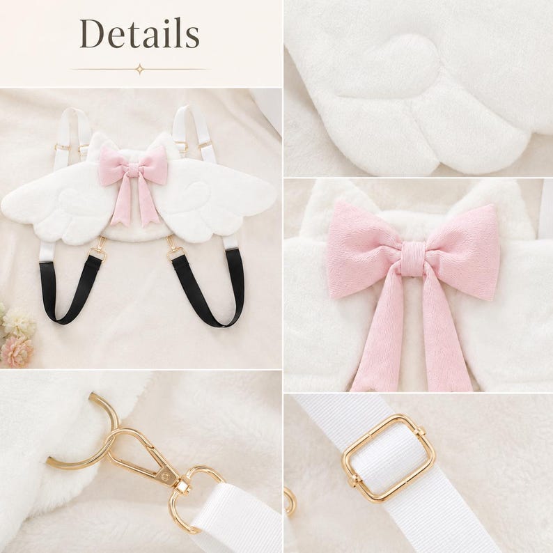 May include: White backpack with angel wing design, a pink bow, and black and white straps. The backpack has gold-colored metal hardware and the word "Details" at the top.