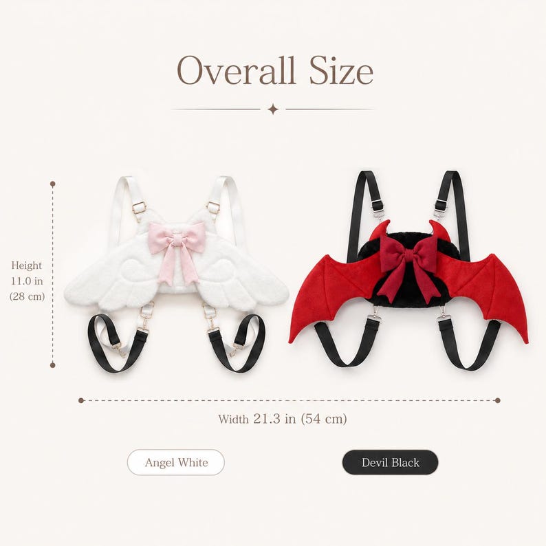 May include: Two costume pieces: an angel wing set and a devil wing set. The angel wings are white with a pink bow, and the devil wings are red. Both sets are 11.0 inches (28 cm) high and 21.3 inches (54 cm) wide.