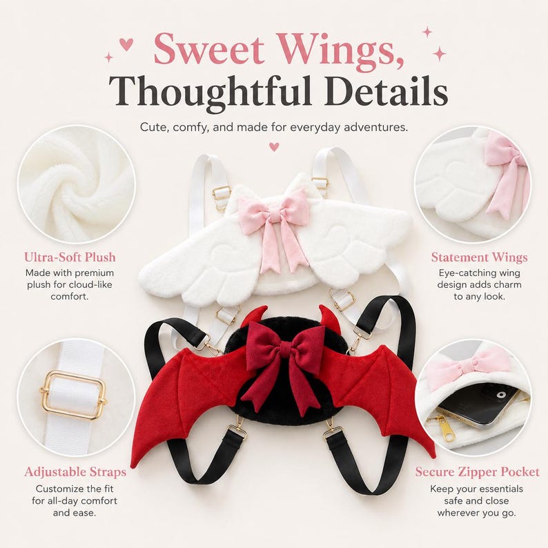 May include: Two plush backpacks with wing designs. One is white with a pink bow, the other is black with red wings and a red bow. The text reads "Sweet Wings, Thoughtful Details". Features include adjustable straps and secure zipper pockets.