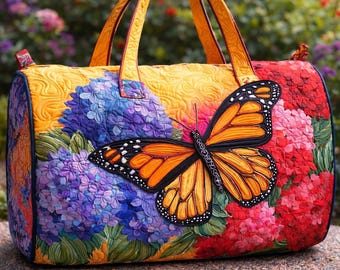 Gewatteerde plunjezak met vlinder, vintage reisweekendtas met patchwork, boho-plunjezak bloemenkunst