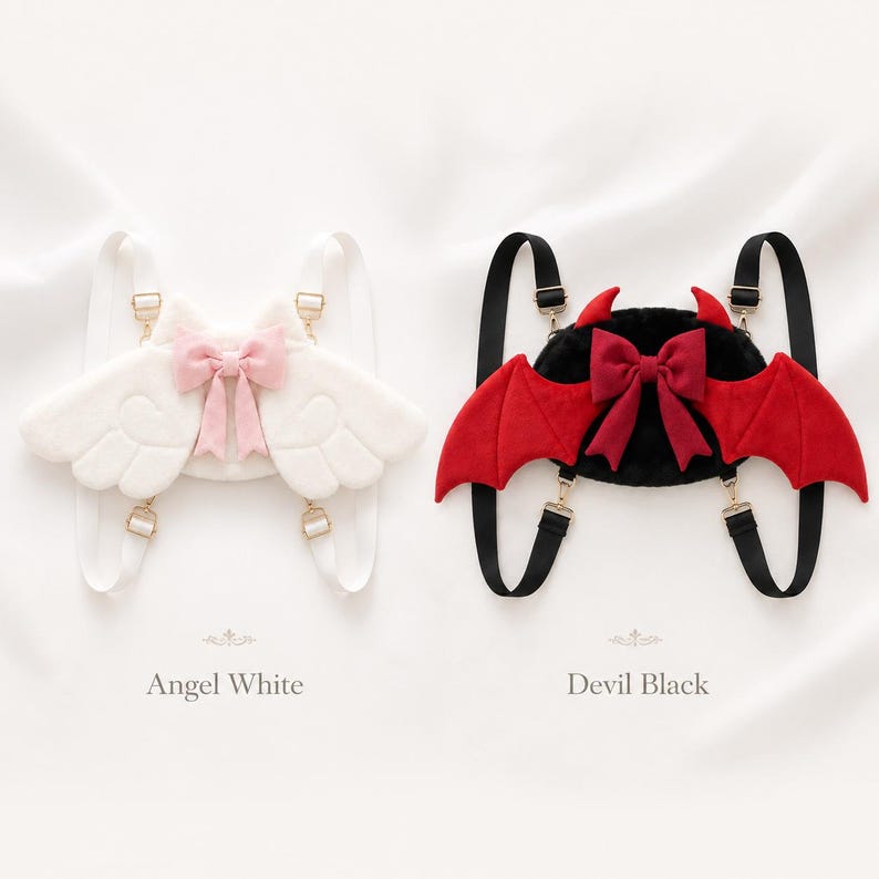 May include: Two novelty backpacks, one white with angel wings and a pink bow, the other black with devil horns and red wings. Both have adjustable straps and gold-colored hardware. The text reads "Angel White" and "Devil Black".