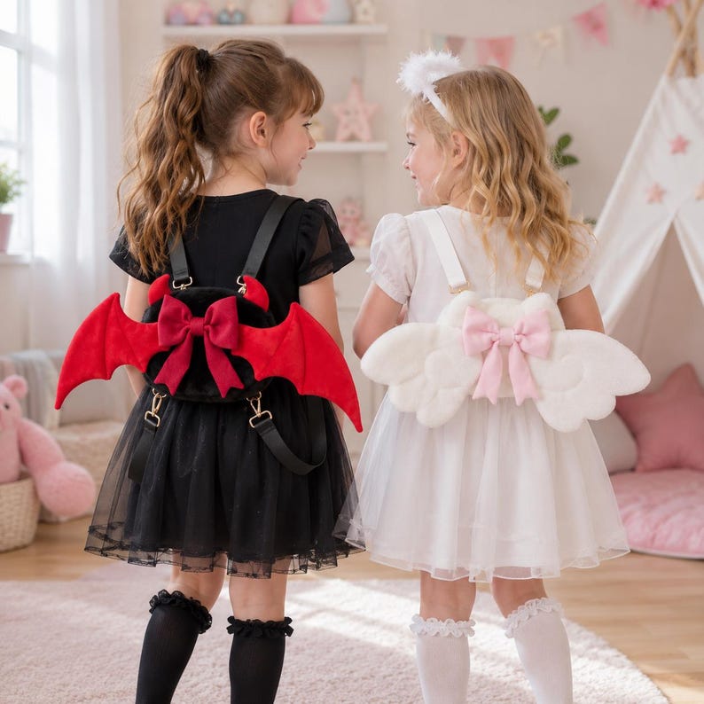 May include: Two young girls wearing themed backpacks. One backpack is black with red bat wings and a red bow. The other is white with angel wings and a pink bow. Both girls are wearing dresses and knee-high socks.