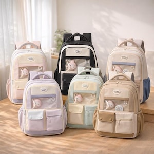 Pastelowy plecak szkolny z wieloma kieszeniami, kawaii plecak podróżny dla ucznia, torba z zawieszkami