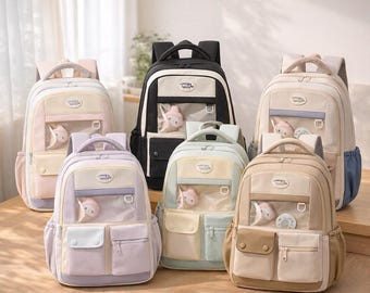 Pastel Multi-Pocket School Backpack, Kawaii Student Travel Daypack, Charm Bag