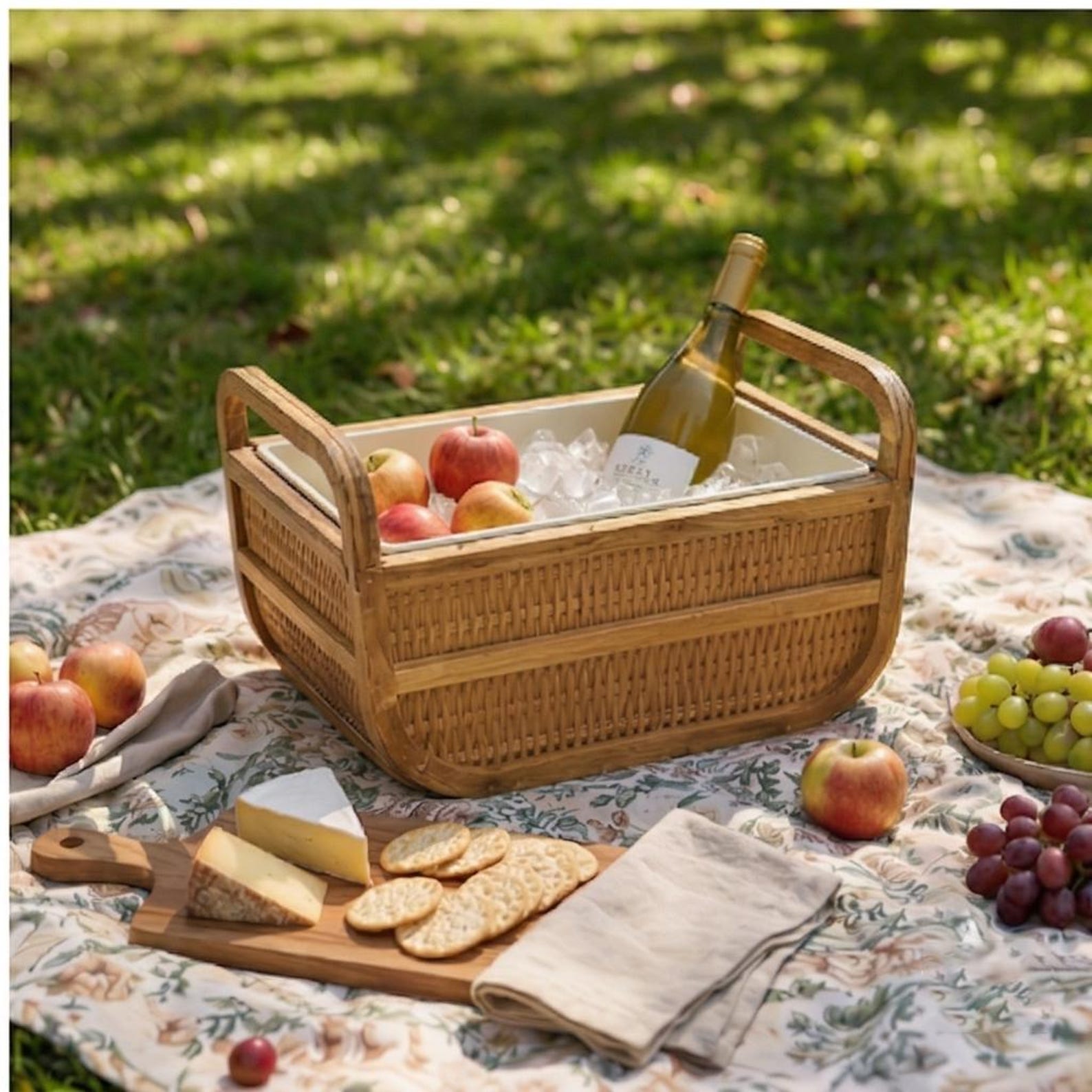 Woven Bamboo & Wood Ice Bucket – Rustic Summer Entertaining Drink Cooler Basket
