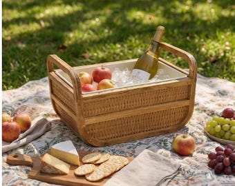 Cubitera de bambú y madera tejida – Cesta enfriadora de bebidas rústica para reuniones veraniegas