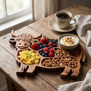 Bandeja de servir tallada a mano con forma de vaca de las Tierras Altas, tabla de quesos rústica de madera 3D