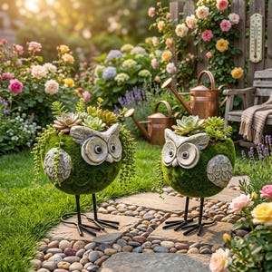 Oryginalna doniczka z sową z mchu | Żywiczna doniczka na sukulenty z metalowymi nogami | Fantazyjna dekoracja do ogrodu | Wyjątkowy prezent dla miłośnika roślin