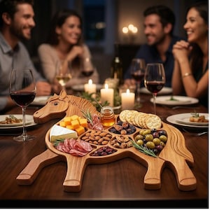 May include: A wooden horse-shaped serving tray filled with an assortment of snacks, including cheese cubes, crackers, olives, and nuts. The tray is on a dark wooden table, with people and candles in the background.