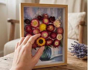 Cuadro decorativo 3D con girasoles secos reales, decoración botánica para pared, caja de sombras floral rústica para mesa, regalo único para inauguración de casa para ella.