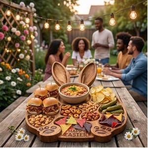 Puede incluir: Una bandeja de madera con forma de conejo con varios aperitivos, como mini hamburguesas, patatas fritas y frutos secos. La bandeja tiene grabadas las palabras "HAPPY EASTER". La escena está ambientada al aire libre con gente reunida alrededor de una mesa.