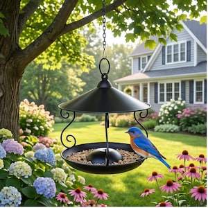 May include: A black, hanging bird feeder with a circular tray and a domed roof, suspended from a chain. A bluebird with orange and white markings perches on the edge. The feeder is in a garden with flowers and a house in the background.