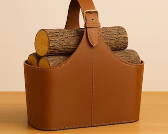 Leather Firewood Carrier with Adjustable Strap, Personalized Log Holder