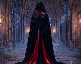 Black Velvet Cloak with Red Satin Lined Hood, Vampire Hooded Cape, Gothic Witch Costume