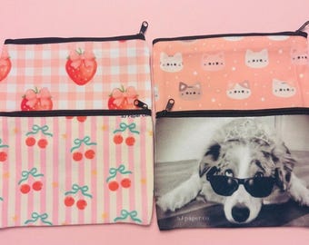 Estuche para lápices • Bolsita de fresa kawaii • Bolsitas con cremallera de gato y cereza - Bolsita para fotos personalizada