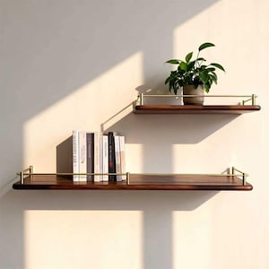 Peut inclure: Deux étagères flottantes en bois foncé avec des garde-corps en métal couleur laiton. Les étagères sont fixées sur un mur de couleur claire. L'étagère inférieure contient des livres, l'étagère supérieure une plante en pot.