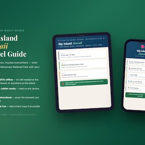 May include: A digital Big Island Hawaii Travel Guide displayed on a tablet and a smartphone. The text includes Plan The Magic Guides, Big Island Hawaii Travel Guide, and details about offline access, instant download, and printable features.